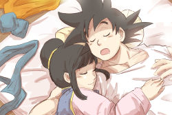 Rule 34 | 1boy, 1girl, bed, black hair, chi-chi (dragon ball), chinese clothes, couple, dragon ball, dragonball z, closed eyes, hand on another&#039;s chest, happy, miiko (drops7), open mouth, pillow, shirt, sleeping, smile, son goku, spiked hair, white shirt, wristband