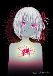Rule 34 | 1girl, black background, closed mouth, colored eyelashes, dated, flower, highres, looking at viewer, lycoris recoil, nico (hero300), nishikigi chisato, no nipples, nude, red eyes, simple background, smile, solo, twitter username, upper body, white hair