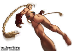 Rule 34 | 1girl, ahoge, antenna hair, ass, back, barefoot, bikini, blonde hair, blue eyes, braid, breasts, cammy white, capcom, fingerless gloves, gloves, highres, irving-zero, kicking, long hair, medium breasts, motion blur, muscular, muscular female, panties, scar, simple background, solo, street fighter, swimsuit, thick thighs, thighs, thong, thong bikini, toned, twin braids, underboob, underwear, white background