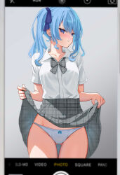 Rule 34 | 1girl, absurdres, blue eyes, blue hair, blue ribbon, blush, bow, bowtie, breasts, clothes lift, collared shirt, fake phone screenshot, fake screenshot, glaring, gluteal fold, grey skirt, hair ribbon, highres, hololive, hoshimachi suisei, lifted by self, looking at viewer, oniku (o29sukizero), panties, parted lips, plaid, plaid bow, plaid bowtie, plaid skirt, ribbon, shirt, shirt tucked in, side ponytail, skirt, skirt lift, small breasts, solo, underwear, v-shaped eyebrows, viewfinder, virtual youtuber, white panties, white shirt