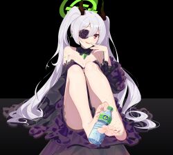 Rule 34 | 1girl, barefoot, bottle, ddt (darktrident), eyepatch, feet, grey hair, highres, light blush, long hair, looking at viewer, open mouth, original, red eyes, soles, toes, touhou, touhou ayaria epic, twintails, water bottle