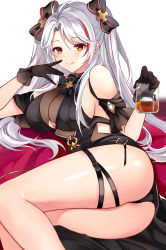 Rule 34 | 1girl, :q, absurdres, azur lane, bare shoulders, black dress, black gloves, blush, breasts, closed mouth, cross, cup, dress, drink, drinking glass, feet out of frame, gloves, hair ribbon, hand on own face, highres, holding, holding drink, iron cross, large breasts, long hair, looking at viewer, lying, muki (muki kunxd), multicolored hair, official alternate costume, on side, orange eyes, prinz eugen (azur lane), prinz eugen (cordial cornflower) (azur lane), red hair, ribbon, see-through, solo, streaked hair, thigh strap, thighs, tongue, tongue out, white hair