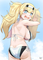Rule 34 | 1girl, akashieru, ass, bikini, blonde hair, blue eyes, breasts, commentary request, from behind, gambier bay (kancolle), highres, kantai collection, large breasts, long hair, looking at viewer, looking back, multicolored bikini, multicolored clothes, multicolored hair, open mouth, side-tie bikini bottom, solo, swimsuit, wavy hair, wavy mouth