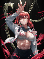 Rule 34 | 1girl, 702 96, abs, absurdres, black necktie, black pants, blood, bra, braid, braided ponytail, breasts, chain, chainsaw man, collared shirt, highres, large breasts, long hair, long sleeves, looking at viewer, makima (chainsaw man), muscular, muscular female, necktie, pants, red hair, ringed eyes, shirt, smile, solo, toned, underwear, white shirt, yellow eyes