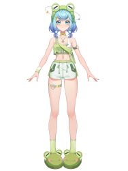 Rule 34 | 1girl, absurdres, animal slippers, ankle socks, armlet, arms at sides, bare arms, bare shoulders, bekki (vtuber), blue eyes, blue hair, blue scrunchie, bow, bowtie, closed mouth, crop top, daisy, flower, frog hat, frog slippers, full body, green shorts, green socks, green tank top, highres, jewelry, looking at viewer, low twintails, medium hair, navel, necklace, off shoulder, official art, scrunchie, short shorts, shorts, sixiwanzi, slippers, smile, socks, solo, sports bra, standing, stomach, tachi-e, tank top, thigh strap, transparent background, twintails, virtual youtuber, white flower, white sports bra, yellow bow