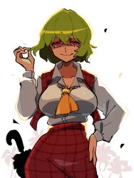 Rule 34 | 1girl, ascot, breasts, closed mouth, collared shirt, crossed bangs, green hair, hand on own hip, highres, iganashi1, kazami yuuka, large breasts, long sleeves, looking at viewer, one-hour drawing challenge, plaid, plaid skirt, plaid vest, red eyes, red skirt, red vest, shirt, short hair, simple background, skirt, smile, solo, touhou, umbrella, vest, white background, white shirt, yellow ascot