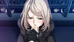 Rule 34 | 1girl, blonde hair, blush, bodysuit, bradyon veda, breasts, censored, chain-link fence, cum, cum in mouth, ejaculation, fellatio, fence, from above, game cg, gloves, green eyes, kusunoki kaede, legs, looking at viewer, medium breasts, medium hair, mosaic censoring, nipples, oral, orgasm, original, out of frame, outdoors, penis, pov, see-through, squatting, thighs, zunta