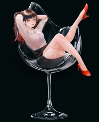 Rule 34 | 1girl, black background, black eyes, black hair, black skirt, breasts, collared shirt, colored inner hair, cup, drinking glass, hair behind ear, hand in own hair, high heels, highres, kevin bayashi, looking at viewer, medium breasts, multicolored hair, original, parted lips, pencil skirt, pink lips, red hair, shirt, shirt tucked in, sitting, skirt, solo, white footwear, white shirt, wine glass