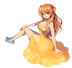 Rule 34 | 1girl, :d, bad id, bad pixiv id, bare shoulders, blue eyes, breasts, choker, cleavage, dress, ells, eyebrows, legs, long hair, long legs, looking at viewer, medium breasts, neon genesis evangelion, open mouth, orange hair, simple background, sitting, sleeveless, smile, solo, souryuu asuka langley, sundress, white background, yellow dress