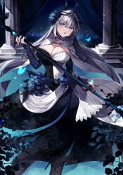 Rule 34 | 1girl, :o, absurdres, black dress, blue butterfly, blue eyes, blue nails, breasts, bridal gauntlets, bug, butterfly, cape, cleavage, dress, fate/grand order, fate (series), grey hair, hair between eyes, hair ornament, highres, holding, holding staff, holding weapon, insect, large breasts, long hair, looking at viewer, misaki346, morgan le fay (apex) (fate), morgan le fay (fate), official alternate costume, signature, solo, staff, very long hair, weapon, white cape, white dress