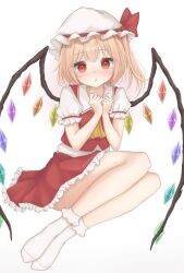 Rule 34 | 1girl, bare legs, blonde hair, blush, bobby socks, crystal, d:, flandre scarlet, flat chest, full-face blush, full body, gaden19, hands up, hat, highres, looking at viewer, mob cap, one side up, open mouth, own hands together, parted lips, puffy short sleeves, puffy sleeves, red eyes, red vest, short hair, short sleeves, simple background, sitting, skirt, skirt set, socks, solo, touhou, vest, white background, wings, yokozuwari