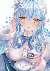 Rule 34 | 1girl, absurdres, blue bow, blue bowtie, blue coat, blue hair, blue nails, blush, bottle, bow, bowtie, braid, breasts, center frills, choko (cup), coat, commentary request, cup, daifuku (yukihana lamy), flower, frills, fur-trimmed coat, fur trim, hair between eyes, hair flower, hair ornament, half updo, hat, highres, holding, holding cup, hololive, kebaboishii, large breasts, long hair, looking at viewer, multicolored hair, nail polish, off shoulder, open clothes, open coat, parted lips, pointy ears, shirt, sleeveless, sleeveless shirt, solo, streaked hair, upper body, virtual youtuber, white flower, white hat, white shirt, yellow eyes, yukihana lamy