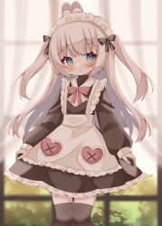 Rule 34 | 1girl, absurdres, animal ears, apron, blonde hair, blue eyes, blurry, blurry background, blush, chest cutout, curtains, dress, frilled apron, frilled dress, frills, hair ribbon, heart, highres, leaf, long hair, long sleeves, maid, maid headdress, neck ribbon, original, parted lips, patch, rabbit ears, ribbon, skirt hold, solo, thighhighs, turtleneck, two side up, very long hair, window, yuino ruria