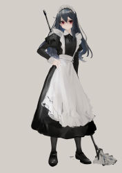 Rule 34 | 1girl, absurdres, apron, august., beige background, black footwear, black hair, black pantyhose, closed mouth, frilled apron, frills, full body, grey background, hair between eyes, hand on own hip, highres, holding, juliet sleeves, long hair, long sleeves, looking at viewer, maid, maid headdress, mop, original, pantyhose, puffy sleeves, red eyes, simple background, solo, standing, white apron