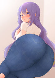 Rule 34 | 1girl, absurdres, ass, ass focus, blush, breasts, commentary, denim, highres, hololive, hololive indonesia, huge ass, jeans, large breasts, long hair, looking at viewer, moona hoshinova, open mouth, pants, shirt, solo, suica koubou, virtual youtuber