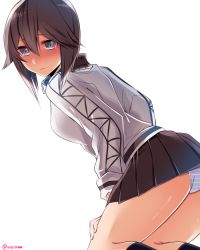 Rule 34 | 10s, 1girl, ass, black skirt, blush, from behind, grey eyes, hayasui (kancolle), jacket, kantai collection, kneeling, long sleeves, looking at viewer, looking back, microskirt, panties, pantyshot, pleated skirt, shisei (kyuushoku banchou), simple background, skirt, solo, striped clothes, striped panties, track jacket, twitter username, underwear, white background, zipper