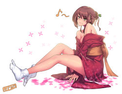 Rule 34 | 1girl, bad id, bad pixiv id, bare legs, bare shoulders, breasts, brown hair, female focus, floral print, green eyes, hair ornament, hair stick, japanese clothes, jjune, kimono, large breasts, long sleeves, mole, mole under mouth, musical note, obi, off shoulder, original, sash, simple background, sitting, solo, tabi, v arms, wide sleeves