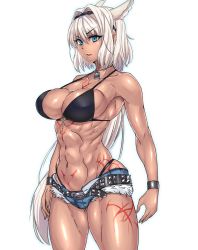 Rule 34 | 1girl, animal ears, belt, blue eyes, breasts, caenis (fate), cleavage, commentary request, cowboy shot, cutoffs, dark-skinned female, dark skin, dog tags, extra ears, fate/grand order, fate (series), hair intakes, hairband, highleg, highleg panties, jewelry, koucha indian, large breasts, long hair, muscular, muscular female, navel, necklace, open mouth, panties, sidelocks, skindentation, solo, standing, studded belt, tattoo, underwear, white hair, wristband