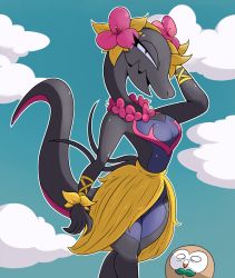 Rule 34 | 1girl, arm up, bad id, bad tumblr id, black eyes, blue sky, cloud, colored sclera, creatures (company), day, female focus, flower, flower necklace, furry, furry female, game freak, gen 7 pokemon, grass skirt, hair flower, hair ornament, half-closed eyes, highres, jewelry, lei, looking at viewer, miscon, necklace, nintendo, open mouth, outdoors, outline, pink flower, pokemon, pokemon (creature), pokemon sm, purple sclera, rowlet, salazzle, skirt, sky, standing, sweat, tail, topless