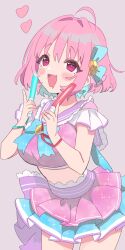 Rule 34 | 1girl, absurdres, ahoge, blue skirt, blush stickers, breasts, collar, commentary, cowboy shot, crop top, drooling, fang, frilled collar, frills, glowstick, grey background, hair intakes, hair ornament, hair ribbon, hands up, heart, highres, holding, holding glowstick, idolmaster, idolmaster cinderella girls, leaning forward, midriff, multicolored hair, open mouth, pink hair, pink skirt, raised eyebrows, ribbon, sailor collar, short hair, short sleeves, simple background, skin fang, skirt, solo, sparkle, sukoyaka (100hituzi), symbol-only commentary, thighs, two-tone hair, yumemi riamu