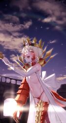 Rule 34 | 1girl, absurdres, ahoge, bikini, blonde hair, blush, braid, breasts, closed eyes, criss-cross halter, crown, dragon claw, dragon tail, elbow gloves, facial mark, fate/grand order, fate (series), french braid, gloves, hair bun, hair intakes, hair ribbon, halterneck, highres, long hair, navel, nero claudius (fate), nero claudius (fate) (all), night, night sky, open clothes, open mouth, pointy ears, queen draco (fate), queen draco (second ascension) (fate), red bikini, red ribbon, ribbon, robe, scales, single glove, sky, small breasts, smile, solo focus, star (sky), swimsuit, tail, thighs, white gloves, white robe, yayoi maka