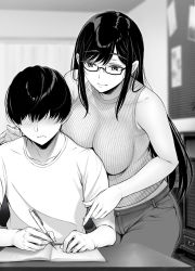 Rule 34 | 1boy, 1girl, bare shoulders, blush, breast press, breasts, closed mouth, commentary request, curtains, denim, desk, faceless, faceless male, gentsuki, glasses, greyscale, highres, indoors, jeans, large breasts, long hair, monochrome, notebook, original, pants, pencil, ribbed shirt, shirt, short hair, sidelocks, sleeveless, sleeveless shirt, smile, t-shirt, tutor, writing