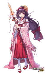 Rule 34 | 1girl, blunt bangs, closed mouth, copyright name, full body, goddess kiss, hair ornament, hair ribbon, hairband, hakama, hakama skirt, highres, holding, holding weapon, japanese clothes, long hair, long sleeves, looking at viewer, low-tied long hair, milyu, pigeon-toed, platform footwear, polearm, purple eyes, purple hair, red footwear, red hakama, red ribbon, ribbon, sandals, simple background, skirt, smile, solo, spear, standing, tabi, thighhighs, watermark, weapon, white background, white thighhighs, wide sleeves