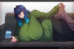 Rule 34 | 1girl, beckoning, blanket, blue hair, book, breasts, couch, curvy, gradient hair, green eyes, hair between eyes, hair intakes, highres, huge breasts, looking at viewer, lying, multicolored hair, on side, original, pants, ribbed sweater, sketch, solo, spacezin, sweater, tsurime, under covers, wide hips, zoe (spacezin)
