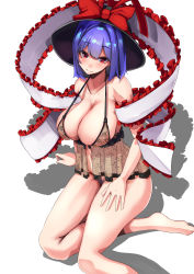 Rule 34 | 1girl, alternate costume, bare legs, barefoot, black hat, bottomless, bow, breasts, cleavage, closed mouth, crossed legs, female pubic hair, frilled shawl, frills, hand on lap, hat, hat bow, heart, heart-shaped pupils, highres, huge breasts, lingerie, looking at viewer, nagae iku, navel, negligee, nipples, pubic hair, purple hair, red bow, red eyes, see-through, shawl, short hair, simple background, smile, solo, symbol-shaped pupils, textless version, touhou, underwear, white background, yukito (dreamrider)
