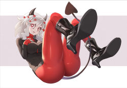 Rule 34 | 1girl, ass, black footwear, boots, breasts, commentary, demon horns, demon tail, drooling, english commentary, grey background, hands on own chest, head tilt, heart, heart-shaped pupils, helltaker, high heel boots, high heels, horns, jacket, knees up, large breasts, long sleeves, looking at viewer, modeus (helltaker), pantyhose, parted lips, red eyes, red jacket, red pantyhose, short hair, silver hair, solo, symbol-shaped pupils, tail, thighs, two-tone background, white background, z.o.b