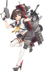 Rule 34 | 1girl, :d, backpack, bag, blue sailor collar, brown eyes, brown hair, depth charge, depth charge projector, duplicate, full body, gloves, grey skirt, gun, hairband, high heels, kantai collection, machinery, midriff, navel, neckerchief, official art, open mouth, parsley-f, pleated skirt, sailor collar, scarf, school uniform, serafuku, short hair, short sleeves, skirt, smile, solo, strap, tanikaze (kancolle), thigh strap, thighhighs, toned, torpedo, torpedo launcher, transparent background, turret, v-shaped eyebrows, weapon, white gloves, white hairband, white thighhighs, yellow eyes, yellow neckerchief