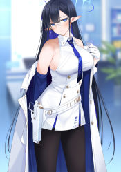 Rule 34 | 1girl, bare shoulders, belt, black hair, black pantyhose, blue archive, blue eyes, blue hair, blue necktie, blurry, blurry background, breasts, closed mouth, coat, collared dress, cowboy shot, depth of field, dress, fed (giba), glasses, gloves, gun, halo, holster, indoors, large breasts, long hair, long sleeves, looking at viewer, multicolored hair, necktie, off shoulder, open clothes, open coat, pantyhose, pointy ears, rimless eyewear, rin (blue archive), sideboob, smile, solo, straight hair, two-tone hair, very long hair, weapon, white coat, white dress, white gloves