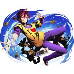 Rule 34 | 10s, 1boy, alpha transparency, card, chess piece, collarbone, divine gate, full body, grin, hair between eyes, king (chess), looking at viewer, male focus, no game no life, official art, pants, purple pants, purple shirt, red eyes, red hair, shirt, smile, solo, sora (no game no life), spiked hair, transparent background, ucmm, wrist cuffs, yellow shirt