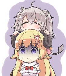 Rule 34 | 2girls, :3, ahoge, animal ear fluff, animal ears, biting, blonde hair, bow, breasts, claws, closed eyes, closed mouth, commentary request, detached sleeves, dress, facing viewer, fang, grey hair, hair between eyes, hair ornament, hairclip, head biting, highres, hololive, large breasts, lion ears, lion girl, lion tail, long hair, multiple girls, purple background, purple eyes, red bow, rutorifuki, shishiro botan, smile, tail, tsunomaki watame, tsunomaki watame (1st costume), turn pale, two-tone background, two side up, upper body, very long hair, virtual youtuber, white background, white dress, white sleeves