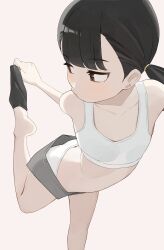 1girl black_hair black_socks bra brown_eyes closed_mouth commentary flat_chest gradient_background grey_background grey_shorts highres hiroki_(yyqw7151) medium_hair original paid_reward_available panties shorts simple_background socks solo twintails underwear undressing white_bra white_panties