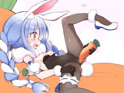 Rule 34 | 1girl, animal ear fluff, animal ears, ass, black gloves, black leotard, black pantyhose, blue hair, braid, breasts, breasts out, bridal garter, cameltoe, carrot, cleft of venus, commentary request, covered clitoris, covered navel, crotch rub, don-chan (usada pekora), erect clitoris, female masturbation, from side, fur scarf, gloves, highres, hololive, leg up, legs, leotard, leotard pull, long hair, lying, masturbation, morino donguri, nipples, on back, open mouth, pantyhose, rabbit ears, rabbit girl, rabbit tail, red eyes, scarf, shoes, small breasts, smile, solo, spread legs, strapless, strapless leotard, tail, thighs, twin braids, twintails, usada pekora, usada pekora (1st costume), very long hair, virtual youtuber, white footwear, white scarf