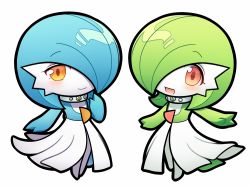 Rule 34 | 2girls, alternate color, blue hair, blue skin, blush, bob cut, chibi, closed mouth, collar, colored skin, creatures (company), female focus, flat chest, full body, game freak, gardevoir, gen 3 pokemon, green hair, green skin, hair over one eye, hand to own mouth, hand up, happy, heart, heart in eye, looking at viewer, lotosu, mega stone, multicolored skin, multiple girls, nintendo, open mouth, orange eyes, outstretched arm, outstretched arms, pokemon, pokemon (creature), red eyes, shiny and normal, shiny pokemon, short hair, smile, standing, star (symbol), star in eye, symbol in eye, symmetry, two-tone skin, white skin