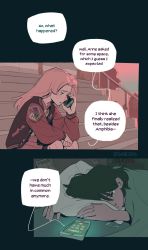 Rule 34 | 2girls, amphibia, artist name, black hair, blonde hair, comic, english text, highres, indoors, jsheios, long hair, long sleeves, marcy wu, multiple girls, outdoors, parted lips, phone, pillow, pink skirt, pleated skirt, profile, sasha waybright, short hair, skirt, stairs