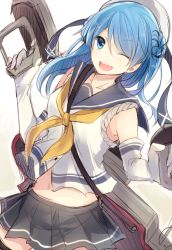 Rule 34 | 10s, 1girl, blue eyes, blue hair, elbow gloves, gloves, hat, hiiragi souren, kantai collection, long hair, looking at viewer, machinery, matching hair/eyes, midriff, one eye closed, open mouth, sleeves rolled up, solo, thighhighs, urakaze (kancolle), white hat