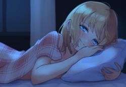Rule 34 | 1girl, bare shoulders, bed sheet, blonde hair, blue eyes, blush, collarbone, commentary, covering breasts, covering privates, english commentary, eyebrows hidden by hair, hair behind ear, highres, holding, holding pillow, hololive, hololive english, kiirokuma, looking at viewer, medium hair, naked sheet, on bed, pillow, pov across bed, smile, solo, under covers, virtual youtuber, watson amelia