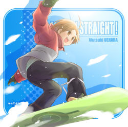 Rule 34 | 00s, 1girl, :d, blonde hair, blush, border, brown eyes, coat, eretto, from below, full body, gakuen utopia manabi straight!, long sleeves, open mouth, outstretched arms, pants, short hair, smile, snow, snowboard, solo, standing, uehara mutsuki, winter clothes, winter coat