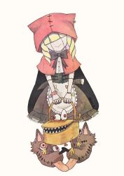 Rule 34 | 1girl, animal shoes, apron, basket, black dress, blonde hair, chaperomon, covered eyes, digimon, digimon (creature), dress, drill hair, hair over eyes, head tilt, holding, holding basket, hood, hood up, hoodie, knife behind back, medium hair, red hoodie, rikka (tcbn 18), simple background, solo, stitched face, stitches, twin drills, white background