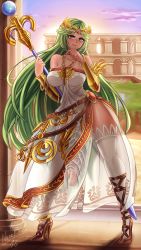 Rule 34 | 1girl, blush, breasts, clothes, futanari, green eyes, green hair, highres, holding, holding stick, huge penis, kid icarus, large breasts, long hair, looking at viewer, nenerhea, nintendo, nipples, palutena, penis, robe, smile, solo, standing, stick, white robe