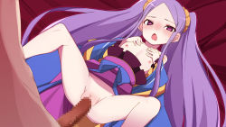 Rule 34 | 1girl, bare shoulders, blush, censored, chinese clothes, dress, fate/grand order, fate (series), flat chest, frills, hair ornament, long hair, lying, maze (gochama ze gohan), nipples, open mouth, penis, purple eyes, purple hair, pussy, ribbon, sex, spread legs, tears, twintails, wu zetian (fate)