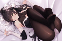 Rule 34 | 1girl, azur lane, bed sheet, black hair, black legwear, bodystocking, bow, breasts, brown eyes, cleavage, commentary, elbow gloves, fingerless gloves, gloves, large breasts, leotard, long hair, looking at viewer, lying, no shoes, pillow, ponytail, race queen, sogdin, solo, takao (azur lane), takao (full throttle charmer) (azur lane), white bow