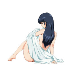 Rule 34 | 1girl, arm support, barefoot, bed sheet, black eyes, black hair, blush, breasts, feet, fujiwara aya, full body, hairu, long hair, looking back, medium breasts, mouth hold, nude, profile, see-through, simple background, solo, super real mahjong, white background