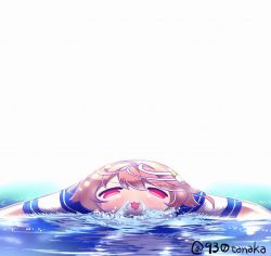 Rule 34 | 10s, ahoge, distortion, hair ornament, i-58 (kancolle), kantai collection, light brown hair, school uniform, serafuku, simple background, solo, swimming, tanaka kusao, twitter username, water, white background, wide face