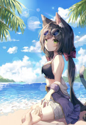 Rule 34 | 1girl, animal ear fluff, animal ears, bad id, bad pixiv id, bare shoulders, black hair, blue sky, bow, breasts, cat ears, cat girl, cat tail, cloud, dated, eyewear on head, green eyes, hair bow, highres, horizon, island, karyl (princess connect!), karyl (summer) (princess connect!), lens flare, low twintails, multicolored hair, ocean, off shoulder, palm tree, princess connect!, shiro albino, short shorts, shorts, sitting, sky, small breasts, solo focus, streaked hair, sunglasses, sunglasses on head, swimsuit, tail, tree, twintails, wariza