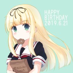 Rule 34 | 1girl, bag, black ribbon, black serafuku, blonde hair, brand name imitation, commentary request, cowboy shot, dated, doughnut, food, green background, green eyes, hair ribbon, happy birthday, highres, kantai collection, logo, long hair, mister donut, mouth hold, neckerchief, paper bag, pleated skirt, red neckerchief, ribbon, school uniform, serafuku, shirai sora, simple background, skirt, solo, straight hair, upper body, yuudachi (kancolle)