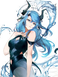Rule 34 | 1girl, animal ears, bare shoulders, black leotard, blue eyes, blue hair, blue theme, breasts, check copyright, cleavage, cleavage cutout, clothing cutout, commentary, copyright request, english commentary, hand on own chest, hand up, head tilt, highres, horns, kupikuuu, leotard, long hair, looking at viewer, looking to the side, medium breasts, mole, mole under eye, multicolored eyes, navel, navel cutout, original, purple eyes, sketch, solo, strap slip, upper body, water, white background, yellow eyes
